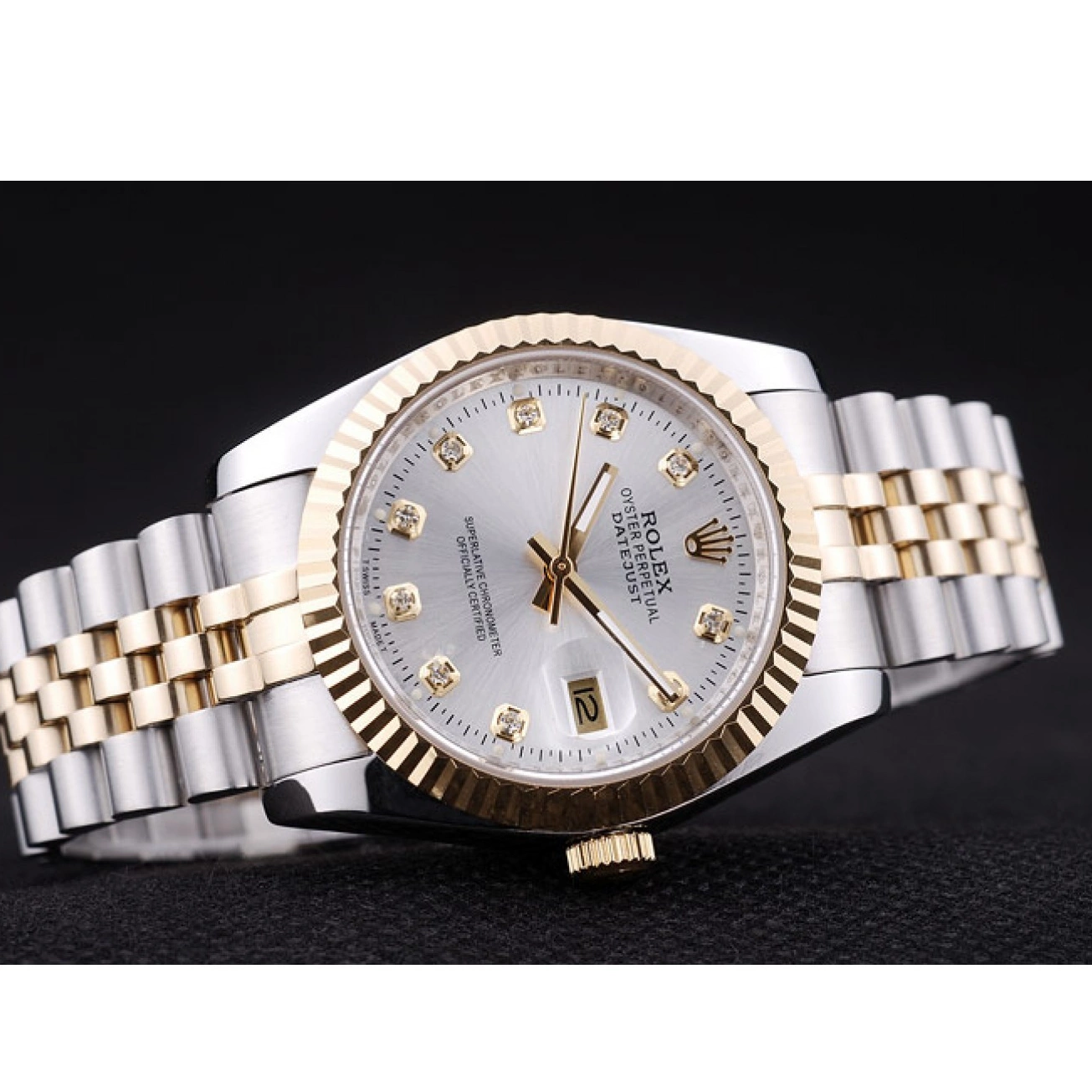 Aaa replica watch Ribbed Datejust Bezel Rolex Dial Silver Diamonds 7454 0727